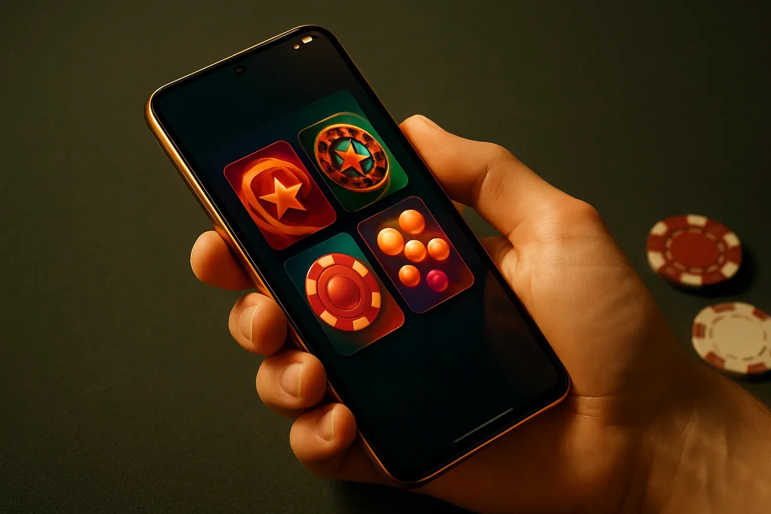 Hyperrealistic Android smartphone showing premium casino app interface with blurred chips