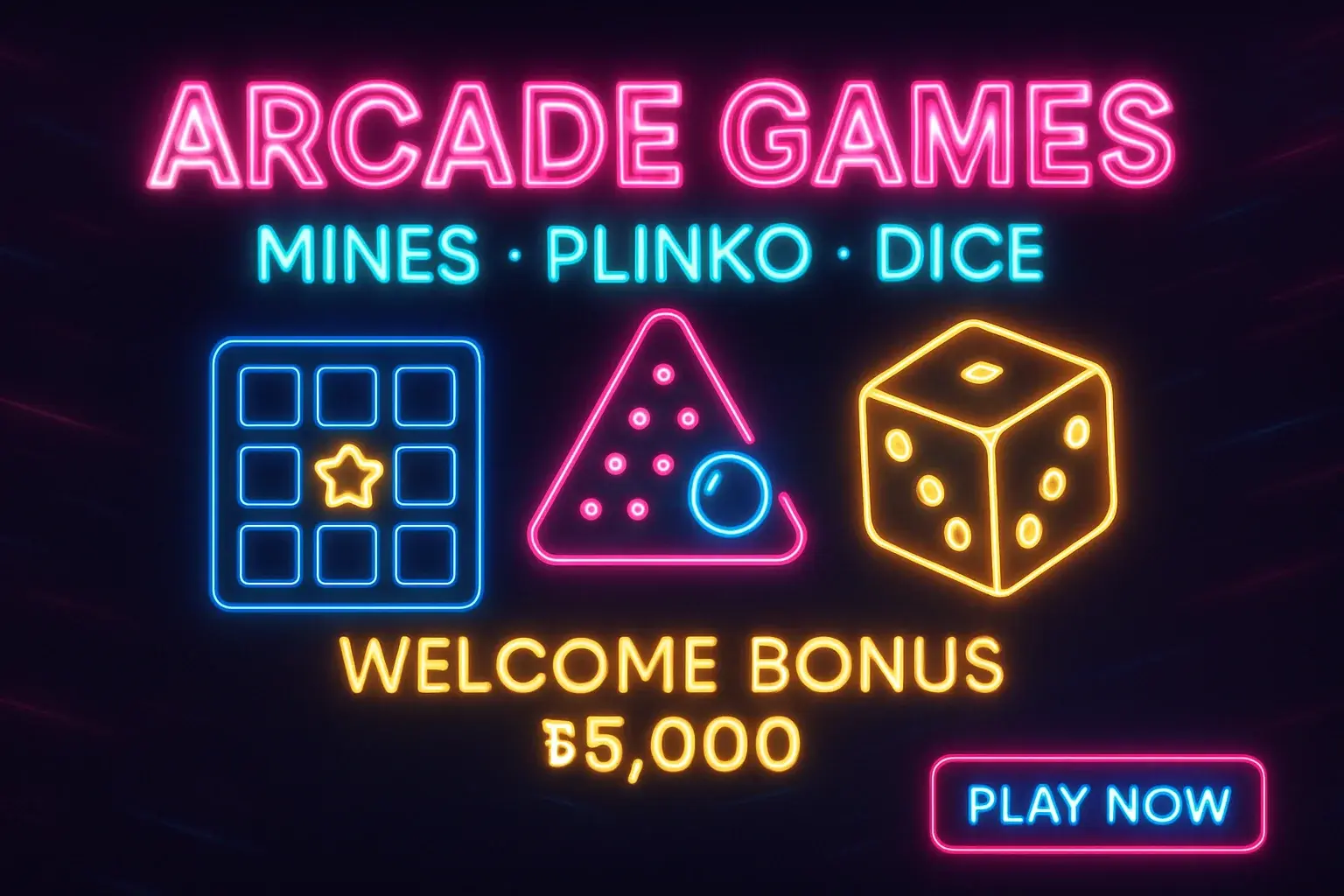 Neon arcade games banner with mines, plinko, dice and Bangladesh bonus CTA