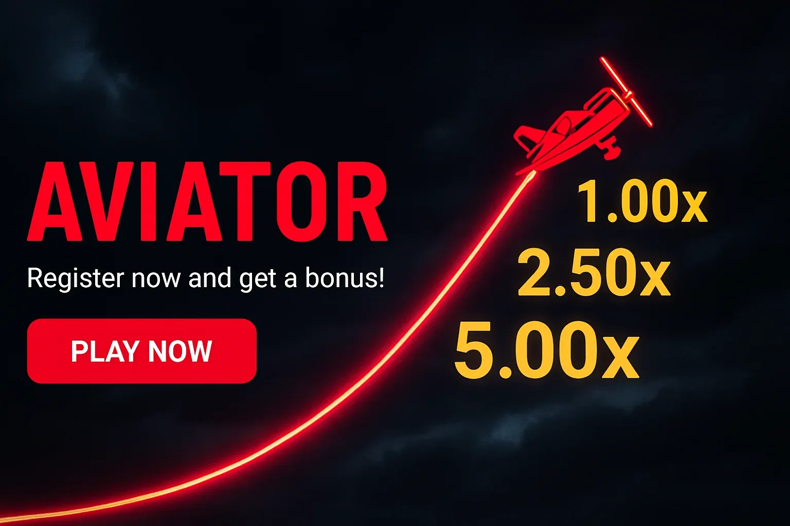 Aviator crash game banner with red plane, neon trail, multipliers and CTA