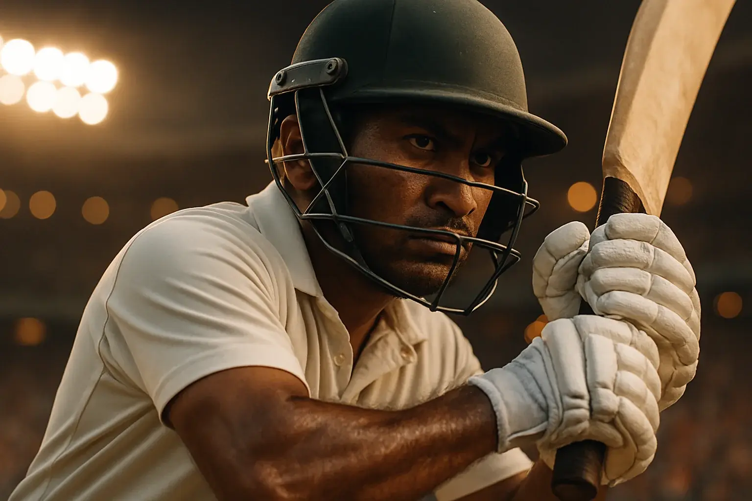 Hyperrealistic close-up of Bangladeshi cricket batsman swinging under stadium floodlights