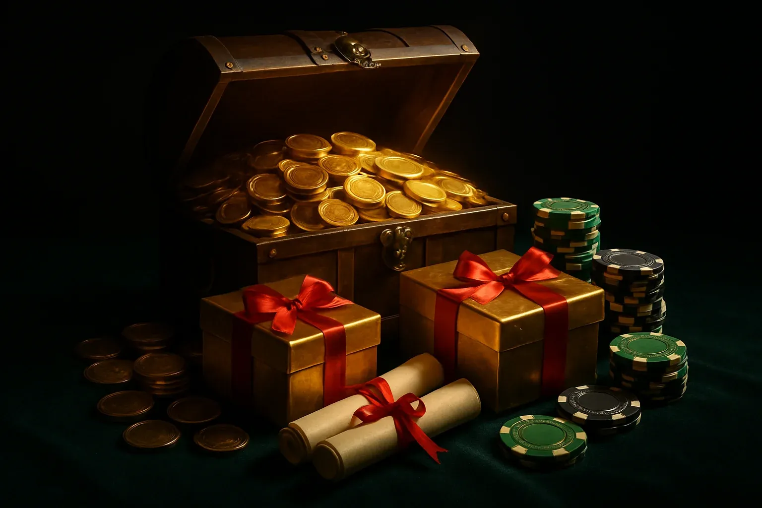 Overflowing treasure chest with gold coins, casino chips, vouchers, and gift boxes