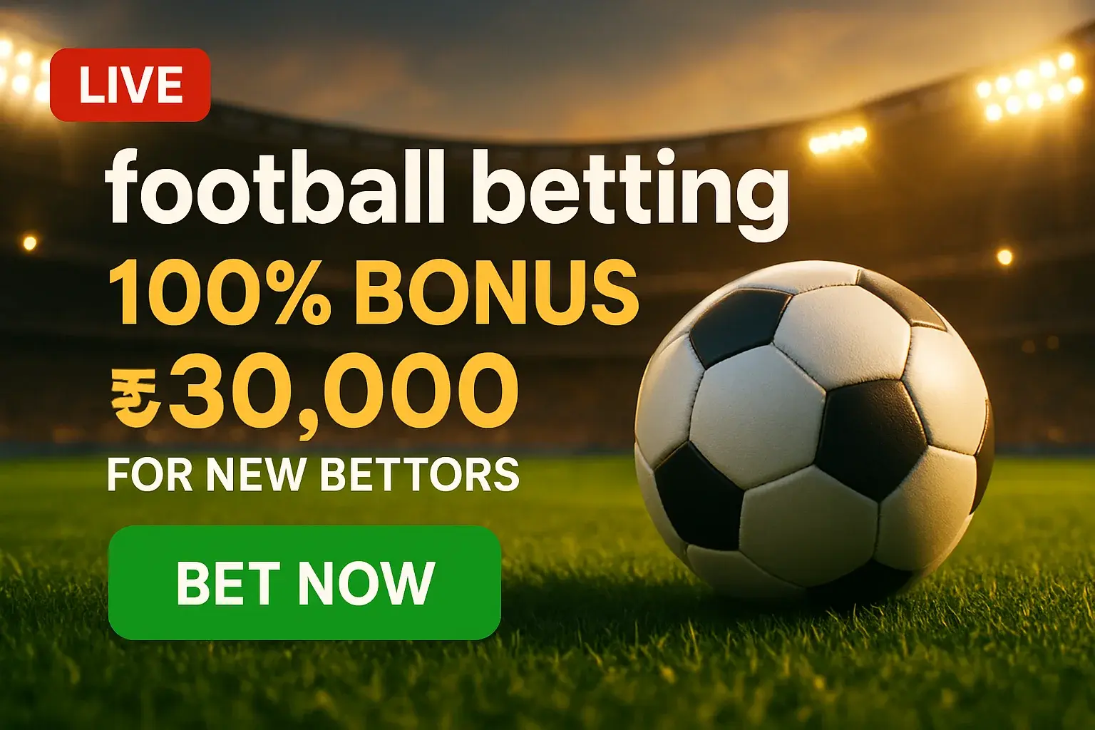 Football betting banner with soccer ball, live badge, 100% bonus and bet now button