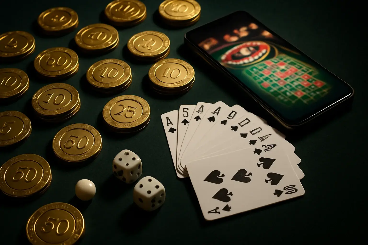Top-down casino table with golden chips, cards, dice, roulette ball, smartphone