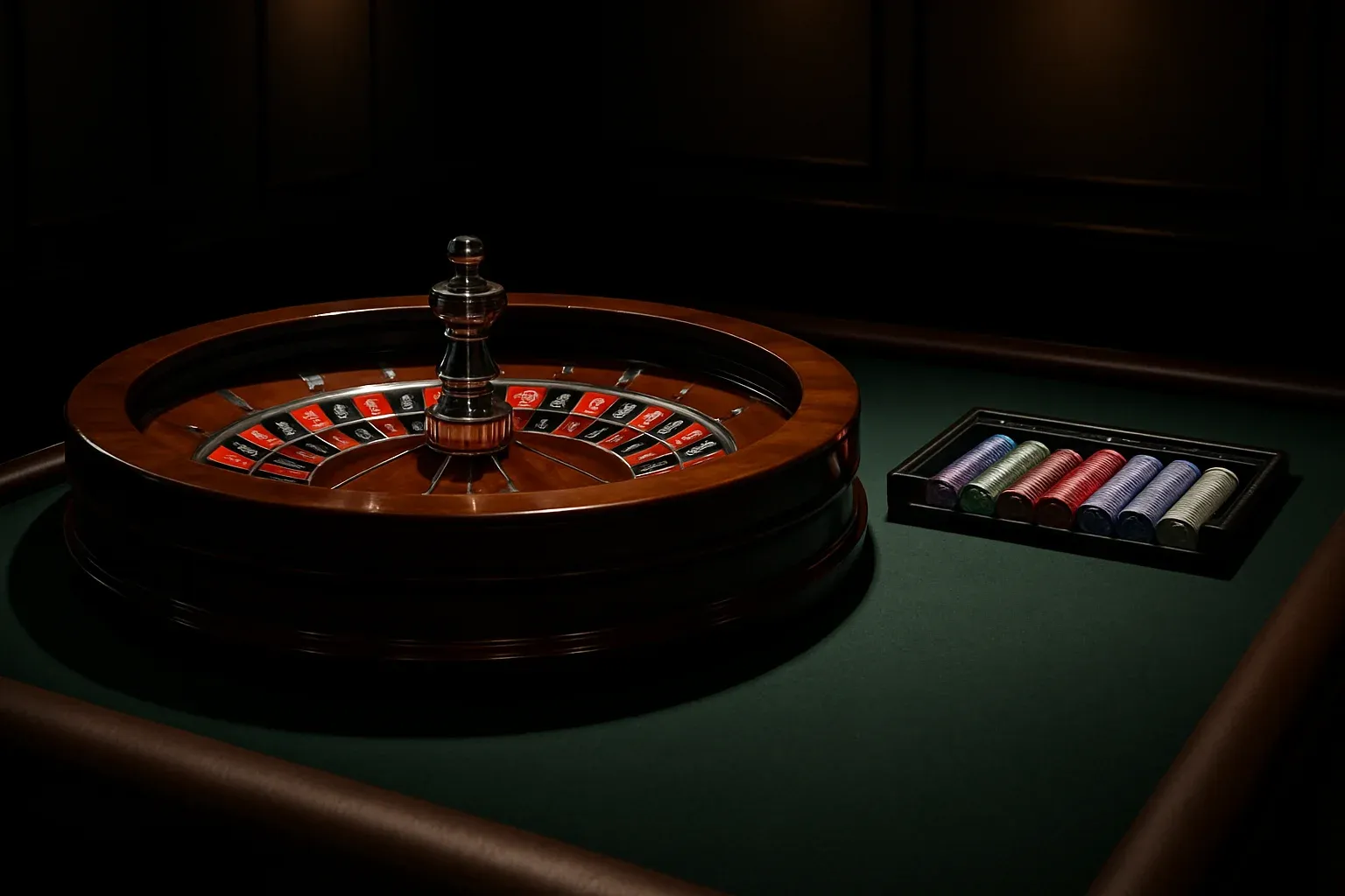 Hyperrealistic wide shot of empty roulette table in premium live casino studio