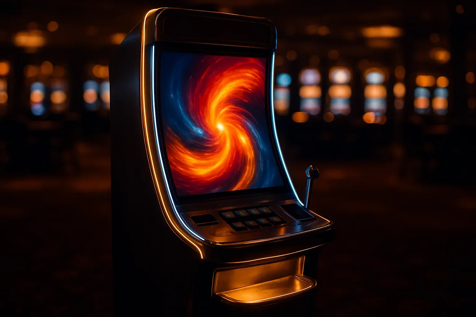 Hyperrealistic premium slot machine in dark luxury casino with neon lighting