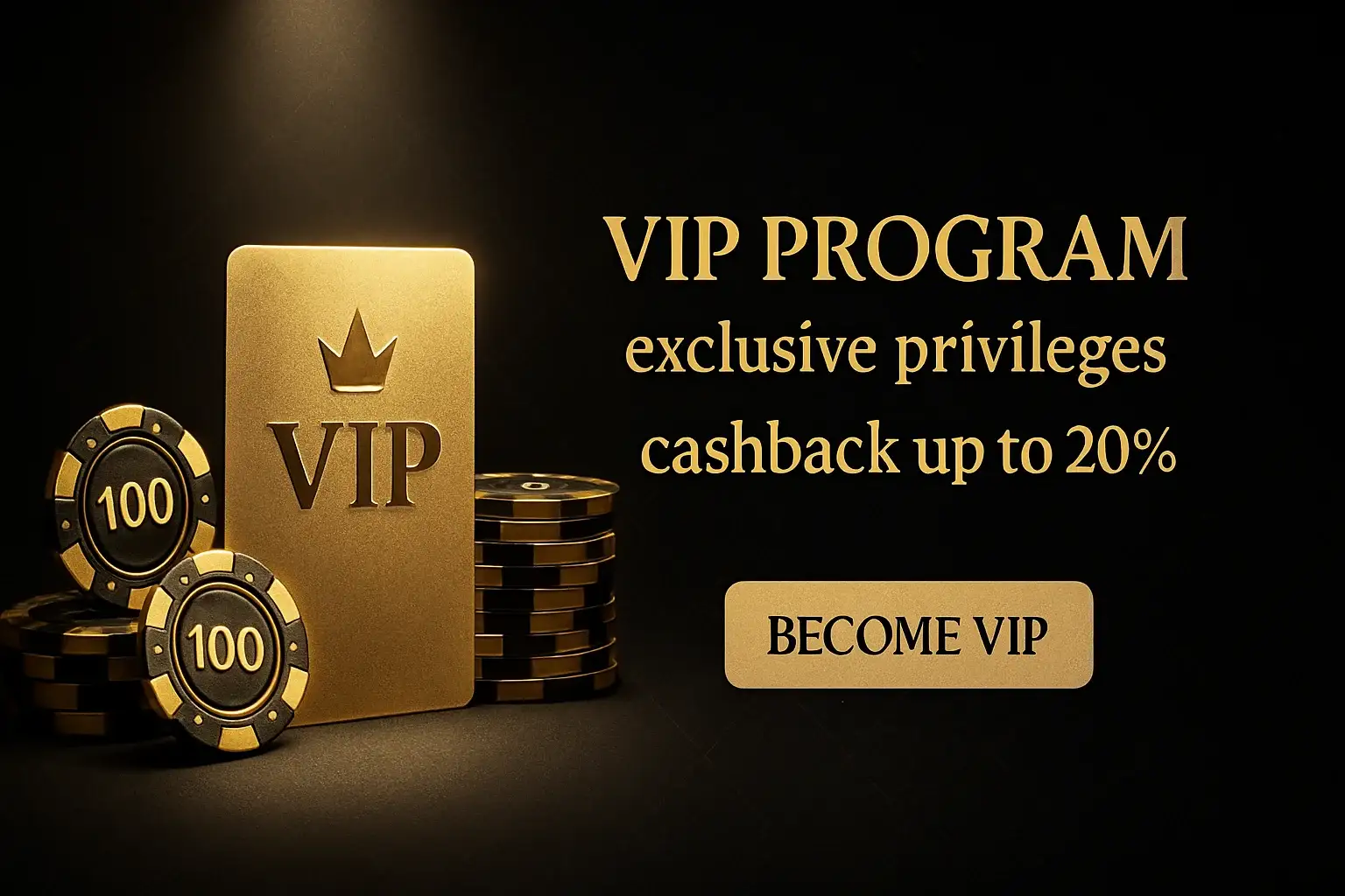 Luxurious black and gold casino VIP program banner with VIP card